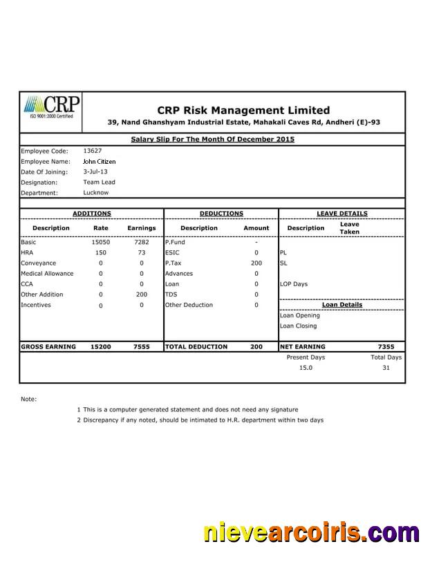 India CRP Risk Management Limited salary slip